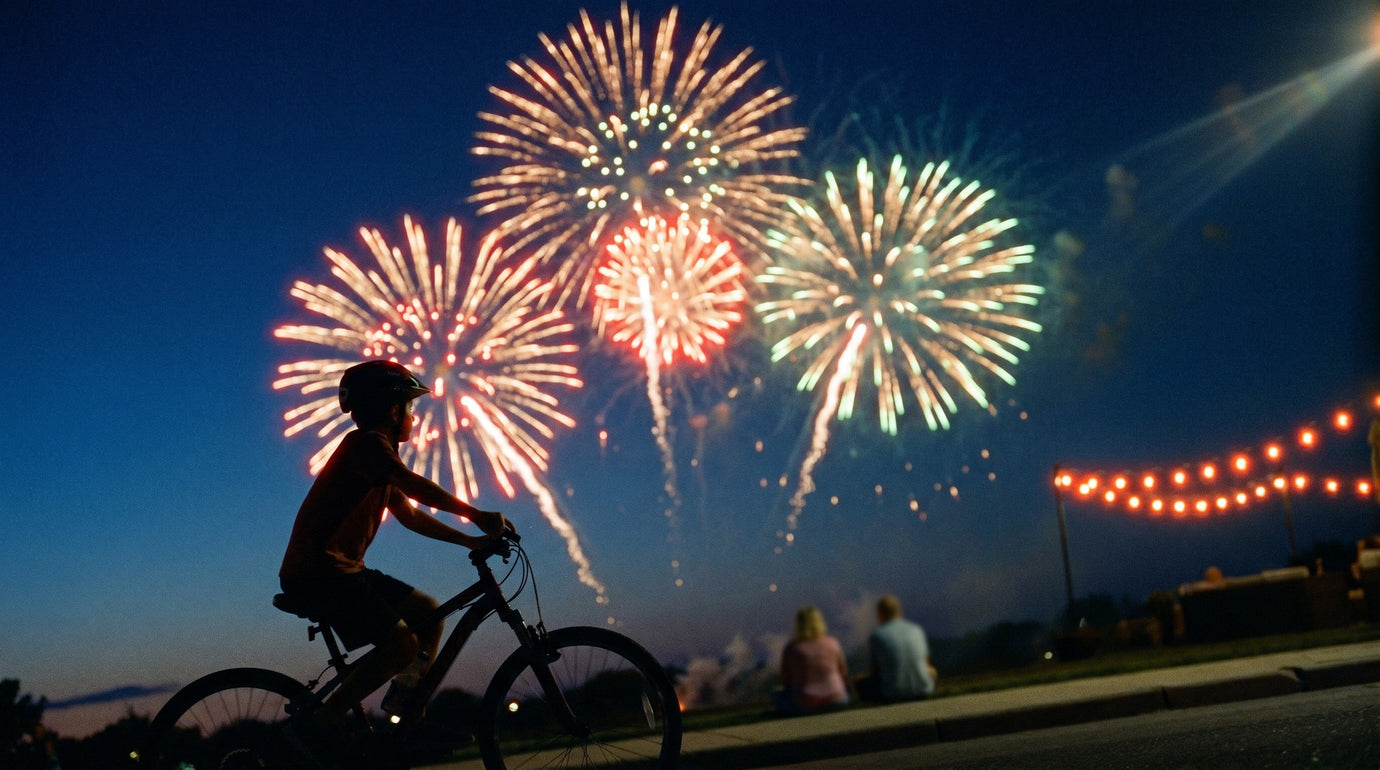A kid rides a bike at night, with fireworks in the background of the image. 